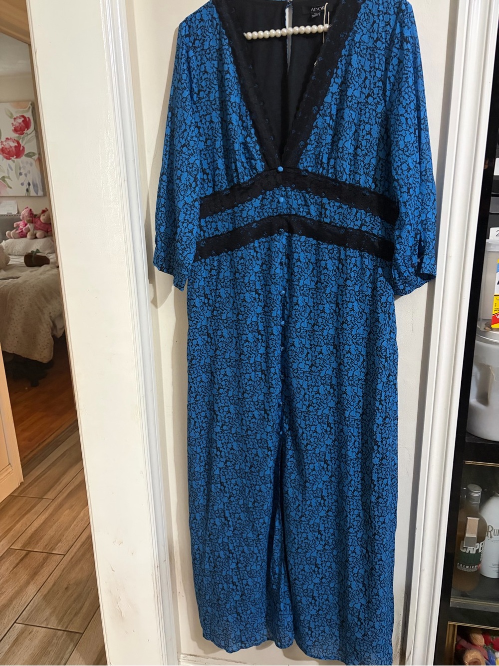 Ador Blue Lace-Pattern Dress with Black Trim